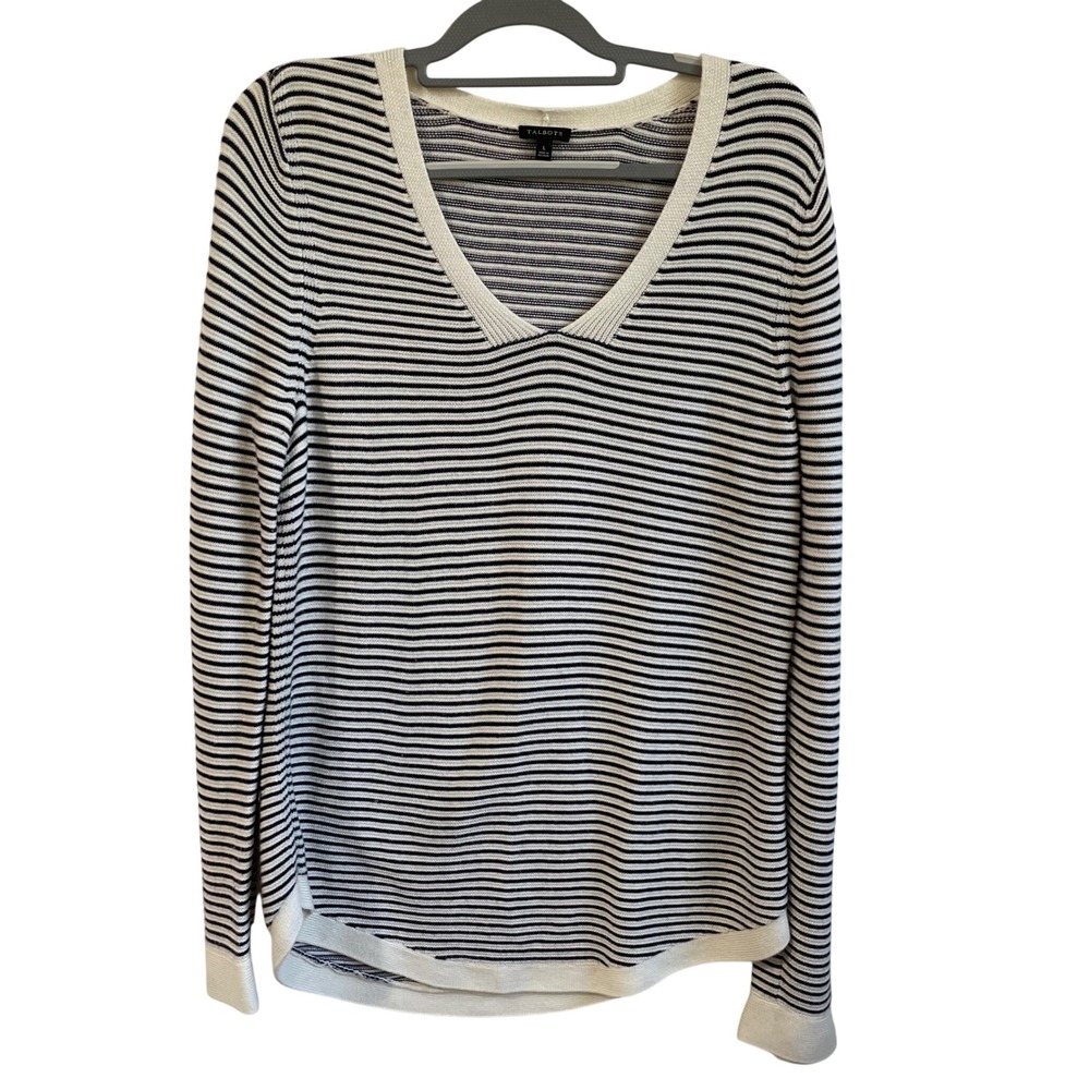 Talbots Striped V-Neck Sweater Button Cuff Long Sleeve Knit Top Large Coastal